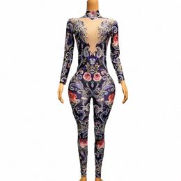 sexy podium Sparkly Sier kristallen parels jumpsuit Rijnstes bodysuit Rose Fr patroon rompertjes verjaardag avond club outfit P6rN #