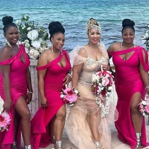 Sexy vlekbruidsmeisje jurken 2023 Backless Mermaid -jurk verdeeld schouder bruiloftsfeestje Vestidos de fiesta