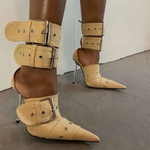 Sexy stiletto teen puntige sandalen massieve hakken multi -riem detail gespog zomer dames buiten rubberen schoenen cool 874