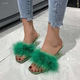 Sexy extrañas zapatillas sandalias de plumas transparentes tacones altos para mujeres Clear PVC Square Open Fur Ladies M C7e