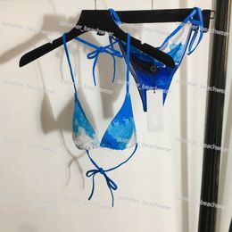 Sexy riem bikini ontwerper oceaan geprinte zwempak v nek push omhoog bh -slip set strand surfen badkleding voor zomerkruidparen