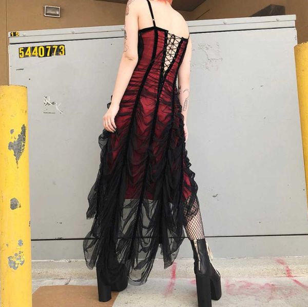 Sexy sangle maille gothique robe femmes Halloween rouge noir Patchwork plissé créateur de mode été Goth longues robes 2020