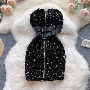 Robe moulante sexy sans bretelles à paillettes pour femmes, noir/argent, fermeture éclair, taille haute, Slim, Mini Robe féminine, épaules dénudées, tenue de soirée en boîte de nuit, 2022