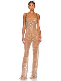 STACHES SEXE PERSPECTIVE MESH CRISTAL DIAMANT JUMPSUSTURE Femmes Abricot Sans manches Backless Hiny Rhingestone Jumps Course Party Club 240322