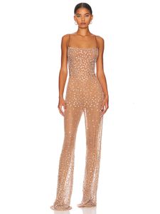 Sexy Bandjes Perspectief Mesh Crystal Diamond Jumpsuit Vrouwen Abrikoos Mouwloos Backless Glanzende Strass Jumpsuits Party Club