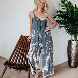 Sexy riemen wijd been jumpsuits vrouwen zomer gradiënt print boho strand rompertjes casual o nek backless losse lange playsuits dames 210507