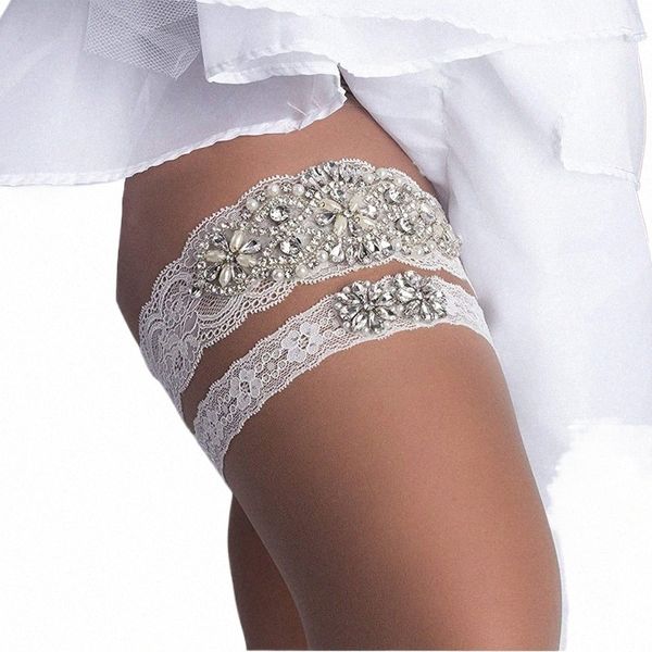 Ceintures de cuisse de mariée en dentelle extensible sexy, ensemble de jarretelles avec strass en cristal clair, perle blanche pour bal de promo, demoiselle d'honneur v02v #