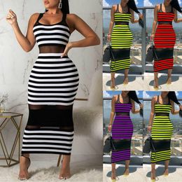 Sexy Stripe Beach Jurk Dames Mouwloze Slanke Jurk Zien door Bodycon Evening Party Club Gestreepte Maxi