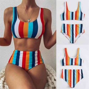 Sweet Swimwear Striped Women Push Up High Waist Bikini Halter Set Hollow Out Imprime Bathing Fssuile Two Piece Swimsuit 210722
