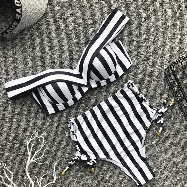 Sexy rayas Dos piezas Mujeres Bikini Set Push Up Lace Up Swimwear Cintura Alta Playa de verano 2021 Muyer Baño Blanco Y0820