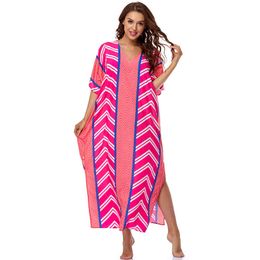 Sexy Gestreepte V-hals Rechte Meisjesjurk Roze Maxi Lady Jurken Strandkleding Plus Size Dames Zomer Party Cover-UPs Q1247 210420