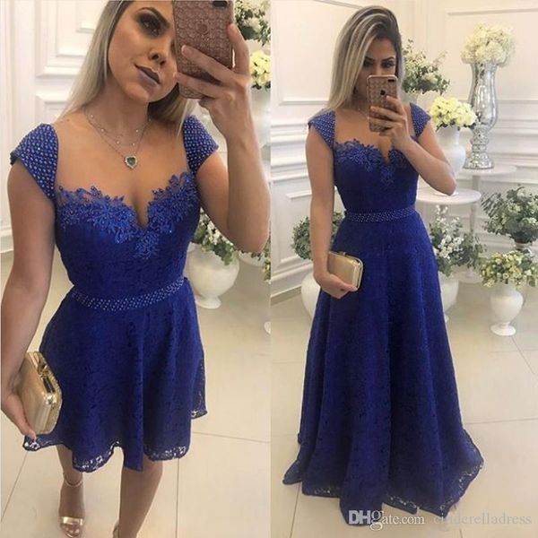 Impresionante vestido de fiesta corto con escote corazón y una línea de apliques de encaje Falda desmontable con cuentas Vestido azul marino de regreso a casa de talla grande