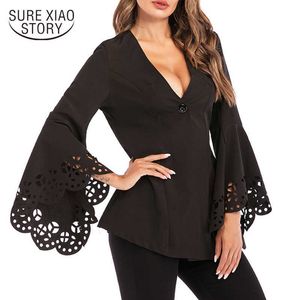 Camisa negra a juego con estilo sexi para Mujer, blusa con un botón en la parte delantera y cuello en V profundo de manga larga con patrón hueco, Blusas para Mujer 10302 210528