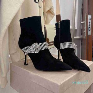 Sexy daim femmes mode bottes luxe strass boucle bout pointu 8.5cm talons hauts designer cheville bottes côté fermeture éclair martin chaussures