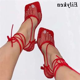 Sexy zomer herfst 340 eilyken mesh sandalen vrouwelijke vierkant teen hoge hiel veter omhoog cross-bot stiletto holle jurk pum c48