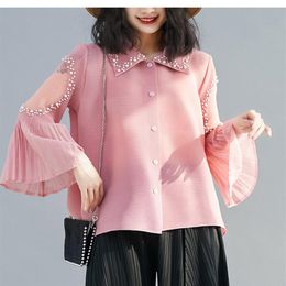 Sexy verano moda de gran tamaño Color sólido perlas rebordear manga larga acampanada blusa plisada Tops mujeres sueltas camisas altas elásticas 20228d