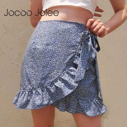 Sexy Summer High Taille Volants Mini Jupe Mode Lace Up Irrégulière Zipper Jupes Courtes Boho Floral Print Beach Jupe 210619