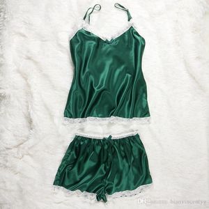 Sexy Summer Lace Pajamas Sleepwear para mujeres sin mangas Spaghetti Strap Pajamas Satin Lingerie Sexy Top + Shorts Sets 006