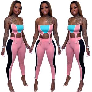 Sexy Summer Patchwork Club Outfit 2 Stuks Set Dames Spaghetti Strap Crop Top + Skinny Lange Leggings Broek Night Party Clubwear Y0625