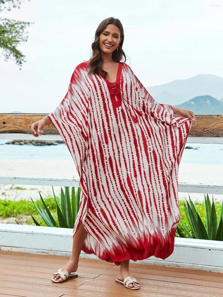 Sumy Summer Red Striped Pleachwear Robe V-Neck Lacet-up Kaftan 2024 Femme Beach Maxi Robe Swimsuit Bikini Cover-ups Q1600