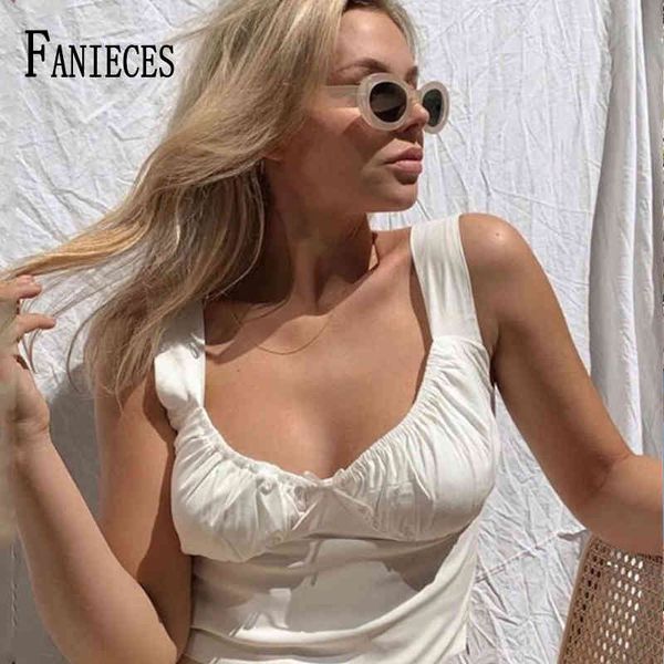 Sexy été femmes débardeur mode dames sans manches sans bretelles froncé Slim CropTop Camisole femme vêtements Camis 210520