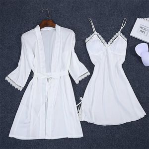 Sexy Summer Femmes 2PC Robe Robe de bain Sangle Top Kimono Pyjamas Ensembles de nuit Lady Home Wear Chemise de nuit Costume Sleepshirts M-XXL 220321