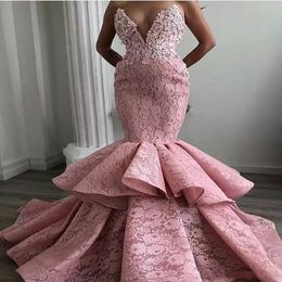 Sexy Sweetheart Lace Arabic Mermaid 2019 Pink Evening Dresses Pageant Tiers Long Prom Chous Vestido de Noche Party Wear para Wo 308i