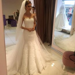 Sexy Sweetheart Kant Mermaid Trouwjurken Elegante Schede Vestidos de Novia Kapel Trein Lovertjes Bling Bruidsjurken