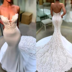 Sexy sweetheart kant trouwjurken kathedraal trein zeemeermin backless bruiloften bruidsjurken appliques vestido de novia strand trouwjurk