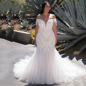 Sexy lieverd zeemeermin trouwjurk plus maat van de schouder Backless Robe de mariie Lace Applique Long Train Ivory Tule Bridal Jurk Vestidos