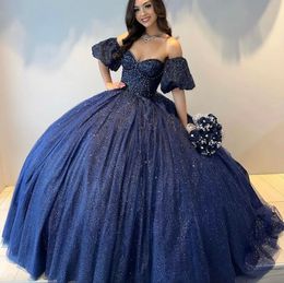 Sexy sweetheart marineblauw glanzende quinceanera -jurken korte mouwen kralen van korrels Vestidos de 15 anos hof trein verjaardagsfeestjurken