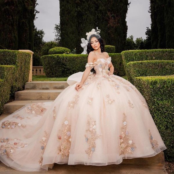 Vestido De quinceañera De princesa con escote corazón, apliques con hombros descubiertos, encaje Floral, cuentas, Tull, 16 Vestidos De 15 anos