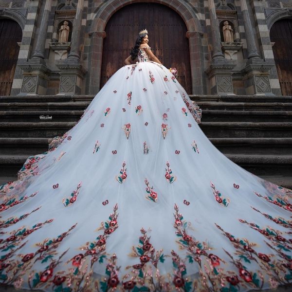 Vestido para quinceañeras De princesa, Sexy, con hombros descubiertos, corsé con apliques De flores, Tull, 16 Vestidos De 15 anos, 2024