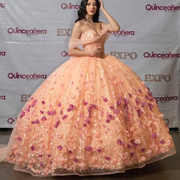 Robes de Quinceanera sexy chérie fleurs 3D appliques tulle sur l'épaule filles anniversaire princesse 16 robes de bal de fête vestidos de 15