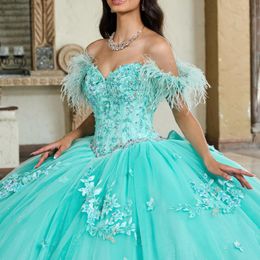 Robes de Quinceanera chérie sexy appliques de dentelle perles plume robe de bal douce 16 ans robe de princesse pour 15 ans robes de anos