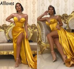 Sexy Chérie Jaune Sirène Robes De Bal Pour Les Filles Africaines Ruché Satin Peplum Robes De Soirée Formelles Haute Split Arabe Aso Ebi Occasion Spéciale Robes CL0855