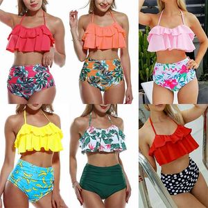 Conjuntos de biquínis femininos sexy de cintura alta babados Tankini maiô halter conjunto de duas peças roupa de banho 210629