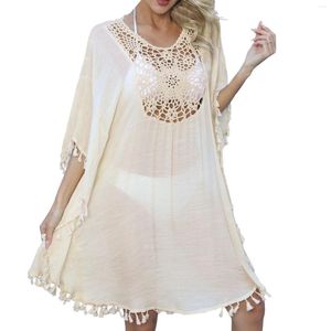 Sexy Tassel Beach Cover Up Dress Solid Hollow Out Crochet Lace Boho Holiday Swimwear Summer Bathing Suit Beachwear