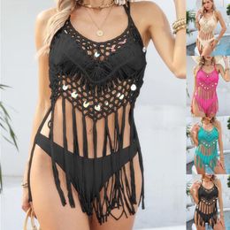 Sexy Tassel Beach Cover Up Up For Women Swimsuit CoverUps White Trinet Fishnet Beachwear Plastic Sequin Outlet 2024 TUNIC ROSE
