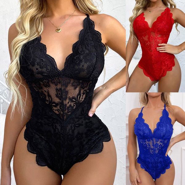 Sexy Teddies Mesh Lace Bodysuit para mujer Lingerie Halter Junmpsuit Pajamas Hollow Meding Bodysuit Black Red Blue 313