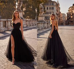 Vestidos de noche de tul negros con abertura en el muslo sexy para mujer Correas espaguetis Una línea Vestidos de fiesta para ocasiones formales Longitud del piso Segunda recepción Vestido de fiesta Vestidos CL3392