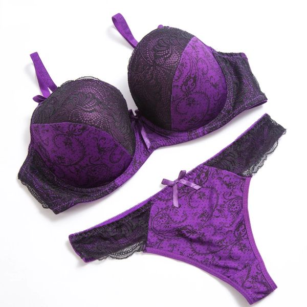 Sexy string en dentelle push up Set Lingerie Femmes Sous-vêtements Ensembles intimes broderie floral noir blanc grand tailleur de soutien-gorge