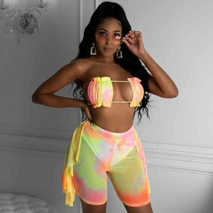 Sexy Drie Stukken Bikini Set Tie-Dye Print Badmode Dames Badpak Vrouwelijke Bather Badpakken Strandkleding Zwem Dame 210521