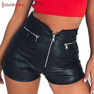 Sexy strakke midden taistische zwarte pu lederen shorts voor vrouwen strakke vintage slanke pu lederen shorts femme shorts vrouwen #94 210306