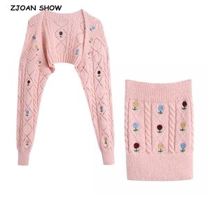 Sexy Totaal Gebreide Retro Borduurwerk Bloem Sjaal Sweater Roze Cropped Dames Cardigan Strapless Tank Top 2 Stuk 1 Set 210429