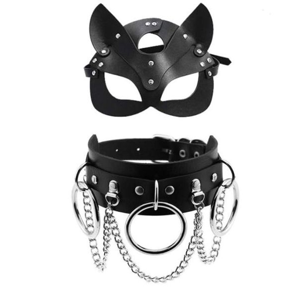 Juguetes sexys para parejas Máscara de cuero de Pu Mujeres Cosplay Gato Bdsm Fetiche Máscaras negras de Halloween con collar sexy Accesorios eróticos5637127