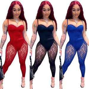 Sexy trainingspakken Womens Bra Sling Jumpsuits Perspectief Kant Broek 2 Stuk Set Designer Kleding