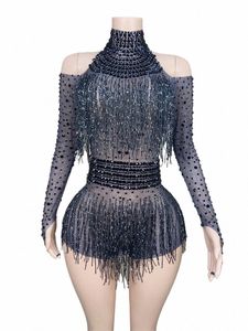 Sexy malla transparente Balck borlas mujeres mono chispeante negro Rhineste fiesta de cumpleaños bar desgaste escenario trajes de rendimiento 40L3 #