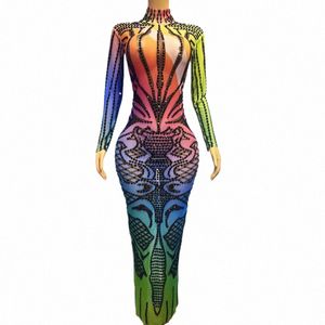 Sexy Transparent Imprimé Rhinestes Lg Dr Femmes Anniversaire Soirée De Bal Célébrer Maille Tenue Chanteur Costume De Danse Sur Scène F5PQ #