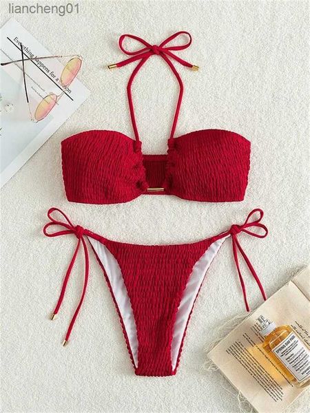 Sexy Triangle Bikini 2023 Femmes Solide Rouge Noir Côtelé Push Up Micro Maillot De Bain Découpé En Métal Designer Maillot De Bain String Maillots De Bain L230619